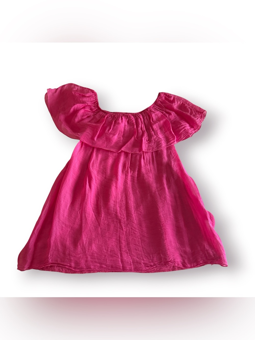 Flowy Boho Off-the-shoulder Fuchsia 100% Silk Blouse with Ruffle Detail - Picture 3 of 6